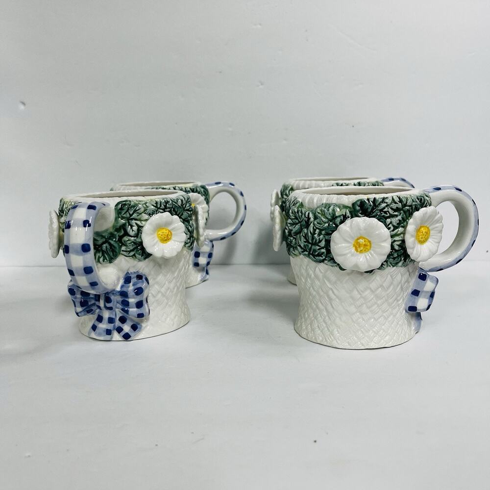 cracker barrel darling daisy coffee mugs 1997 blue gingham‎ bow 3d daisies 4